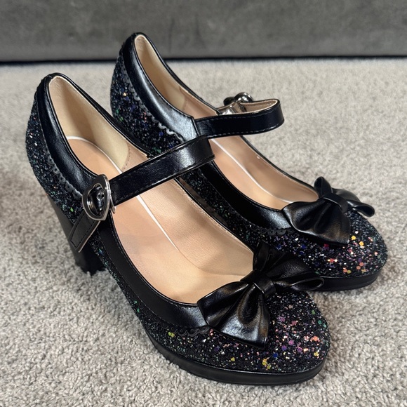 Women’s Black Sparkly Glitter Mary Jane High Heels Bow Detail Size 8 (EU 39) NEW - Picture 1 of 16